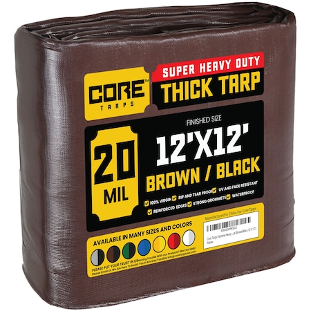 Core Tarps Heavy Duty Tarp, 12 ft L x 0.5 mm H x 12 ft W, 20 Mil, Brown/Black, Polyethylene CT-702-12X12
